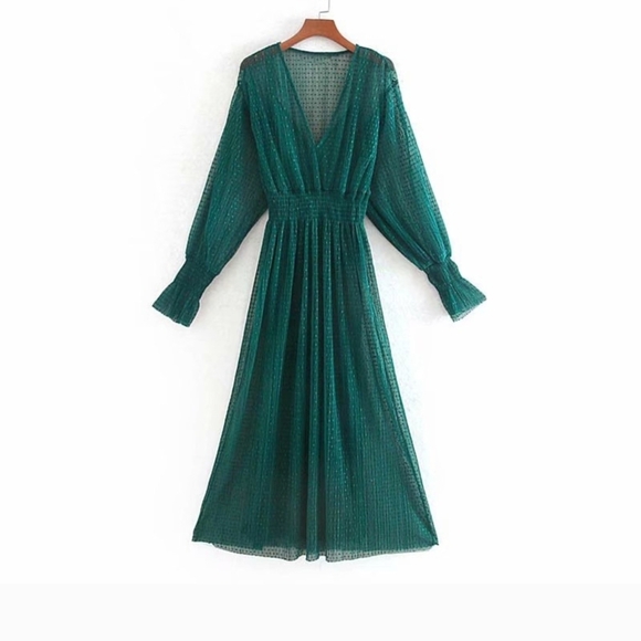 Zara Green Long Sleeve Dress Weddings Slip Sheer Midi Gorgeous Deep Green Small - Picture 5 of 16